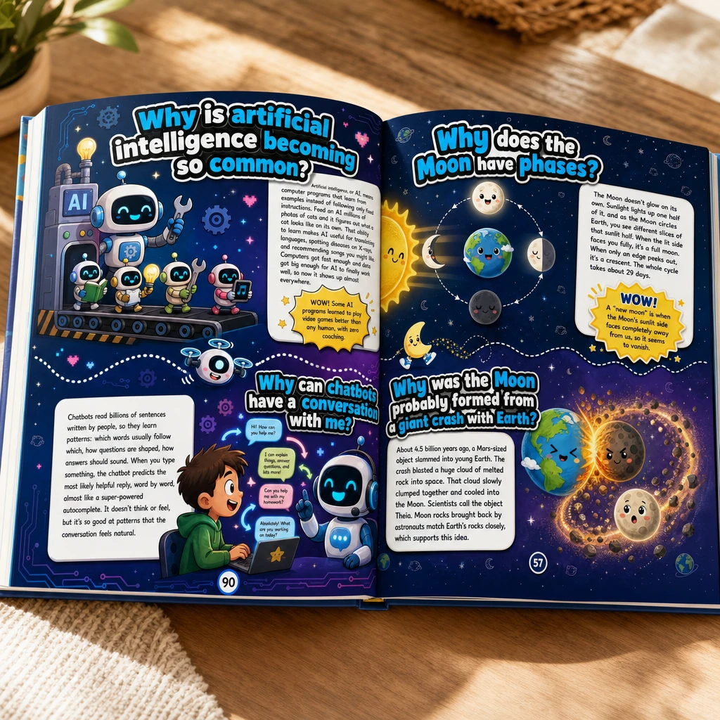 Inside — a real spread: how AI works, how chatbots talk, and the phases of the Moon