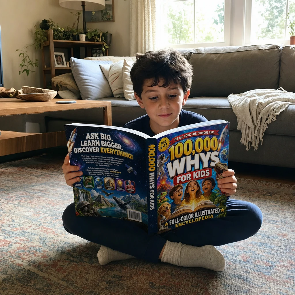 A boy sitting on the floor, absorbed in the book